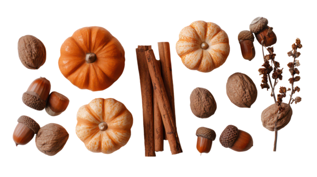 Small Pumpkins Cinnamon Sticks and Acorns Flat Lay on Transparent Background - Powered by Adobe