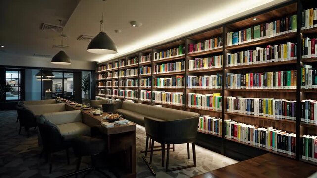 Comfortable reading area by the bookshelf in the library Library reading break
