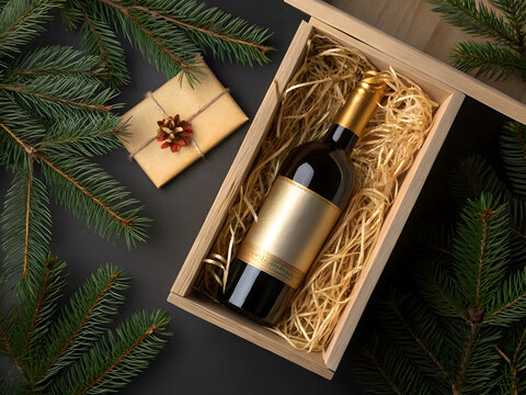 Dark wine bottle in wooden box with pine branches and gift wrap image