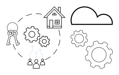 Gears, house, key, cloud, and people icons connected by dotted lines representing teamwork, innovation, and systems. Ideal for real estate, collaboration technology housing cloud services