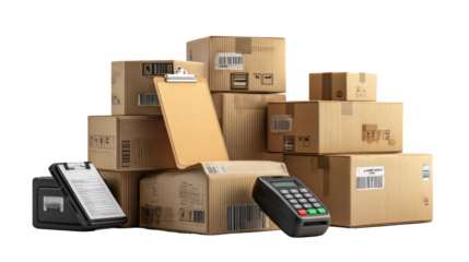 Stacked Shipping Boxes with Clipboard and Barcode Scanner on Transparent Background