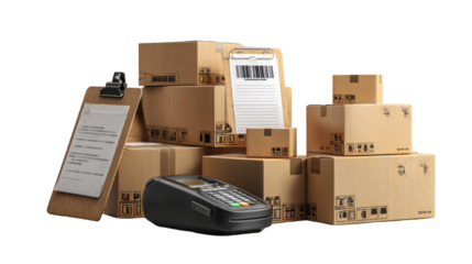 Stacked Shipping Boxes with Clipboard and Barcode Scanner on Transparent Background