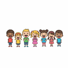 Cartoon Cheerful Diverse Group of Children Characters Illustration on White Background