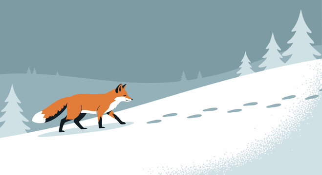 Stylized illustration of a fox walking in the snow through a winter wonderland scene