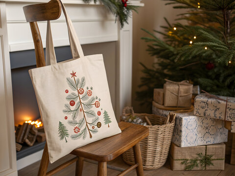 Natural fabric tote bag with Christmas tree print hanging on wooden chair near decorated tree and fireplace - Powered by Adobe