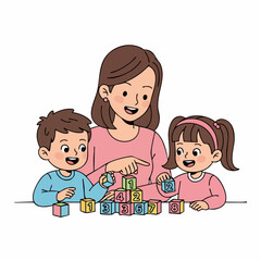 Cheerful Handdrawn Mom Playing with Children Building Blocks Illustration