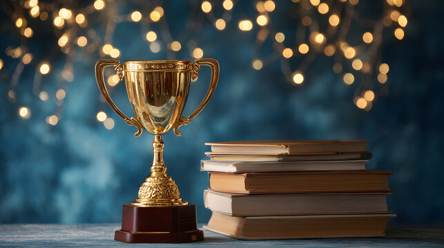 Trophy and stacked books celebrating achievement in a festive vibe
