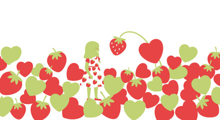 Sweet Girl In Strawberry Dress Amongst Heart And Strawberry Illustrations