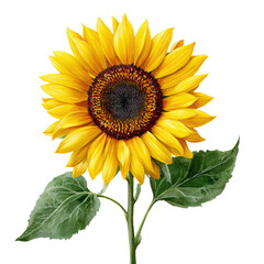 Vibrant sunflower with green leaves on a white isolated background.