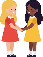 Two smiling girls holding hands in colorful dresses friendship and joy concept vector illustration