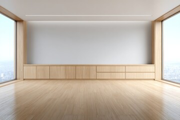 Empty modern room with large windows overlooking a city