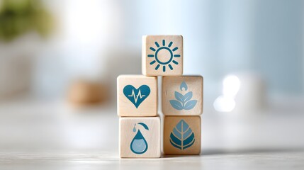 Wooden blocks stacked with health and nature icons.