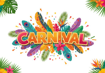 Vibrant Carnival Text with Tropical Leaves and Feathers.