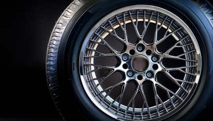 Obraz premium shiny chrome plated alloy wheel rim with intricate design reflecting light and revealing the powerful disc brake system