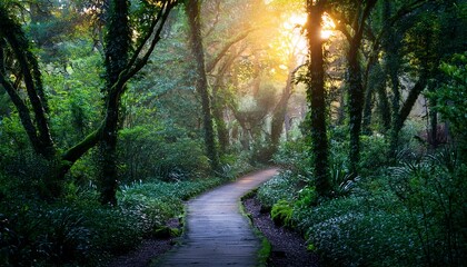 Obraz premium a lush enchanting forest path winding through a dense verdant landscape with vibrant glowing lights casting a captivating atmosphere