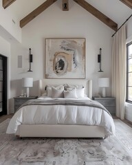 Modern bedroom with large white bed gray marble