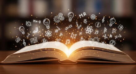 Open book with glowing light and educational symbols flying out, representing knowledge and imagination.