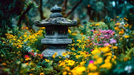 Gray stone lantern surrounded by vibrant flowers in a garden.