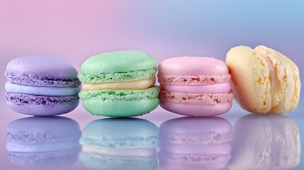 Colorful macarons arranged in a row against a pastel background.