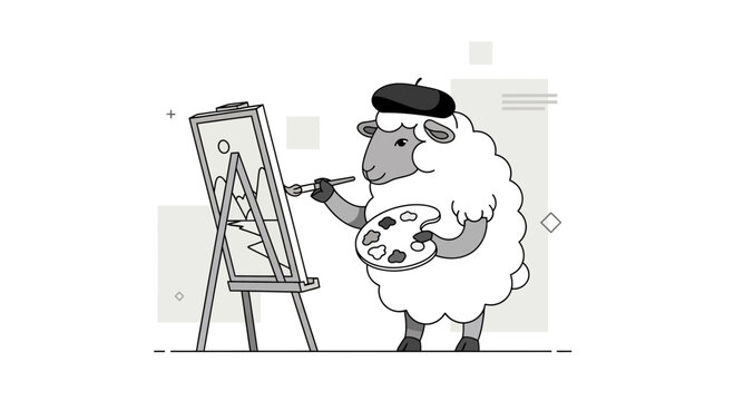 Whimsical illustration of a sheep artist painting a mountain landscape on canvas
