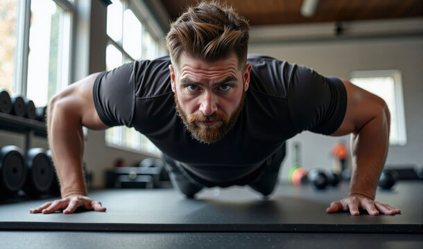 Hombre haciendo flexiones intensas en gimnasio moderno con enfoque en fuerza f&iacute;sica y entrenamiento de alta resistencia