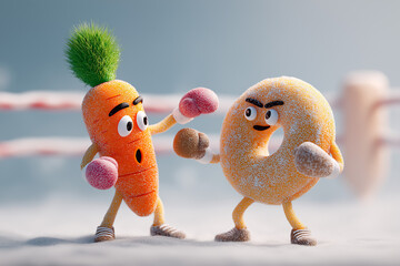 funny carrot character boxing with funny donut character in ring