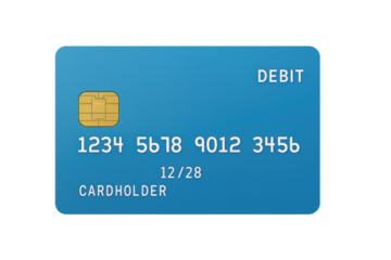 Blue debit card on transparent background with microchip and numbers