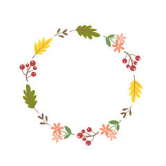 Autumn Floral Wreath with Leaves, Flowers, and Berries Vector Illustration