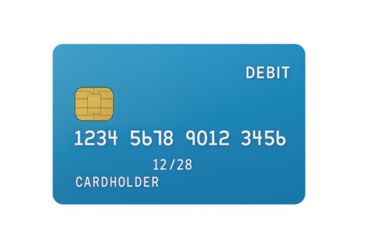 Blue debit card on transparent background with microchip and numbers