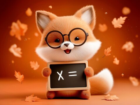 A super cute and nerdy cartoon fox wearing round glasses holds a tiny chalkboard.