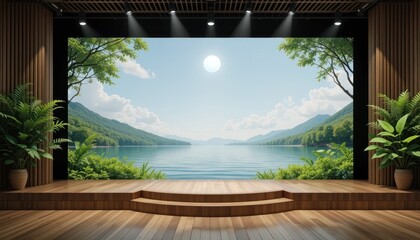 Serene Lakeside Mountain View on Wooden Stage