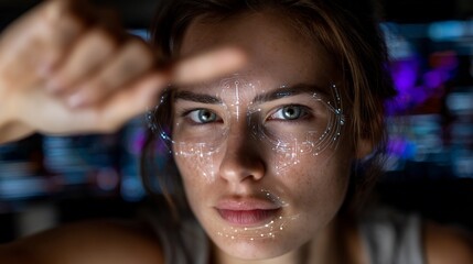 Womans Face with Facial Recognition Technology Overlay.