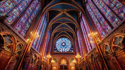 Obraz premium Interior view of a magnificent gothic chapel featuring vibrant stained glass windows.