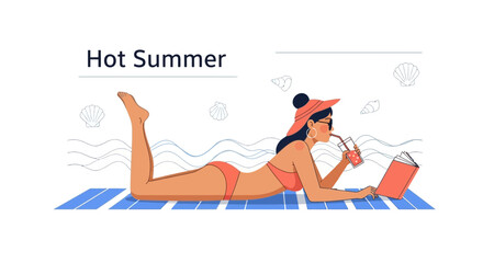 Obraz premium Woman enjoying summer vacation with a refreshing drink and reading book on beach