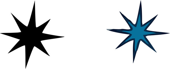 Obraz premium Two eight-pointed star icons, one a black silhouette and the other blue with a dark outline.