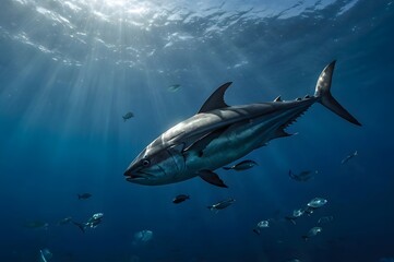 Fototapeta premium Majestic Tuna swims powerfully through sunlit deep blue ocean waters with schooling fish
