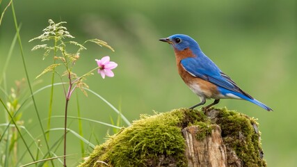 Eastern bluebird perched on mossy stump near pink flower