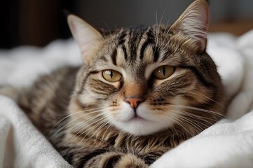 Naklejka premium Adorable tabby cat with striking amber eyes rests peacefully on a soft white blanket