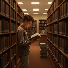 High School Male Student Reading Book in Library &mdash; Character Illustration PNG & Background Scene