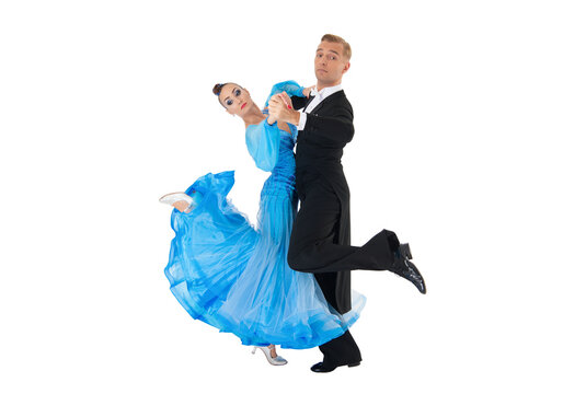 Dance couple isolated on white. Ballroom dancer dancing waltz. Couple dancing waltz. Ballroom dancer couple. Dancing waltz couple. Dancer classic dance. Competitive dance duo. Elegant footwork
