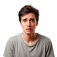 Worried Young Man in Gray T-Shirt on White Background