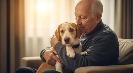 Senior man cuddling his beagle dog at home, demonstrating affection and companionship