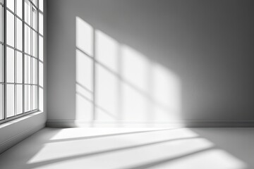 Empty Minimalist Interior Space With Sunlight And Geometric Shadows From Large Window On White Wall