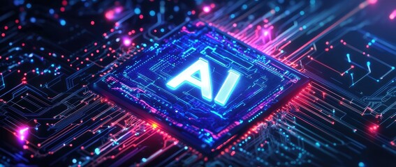 Obraz premium Glowing AI Chip on Circuit Board Background