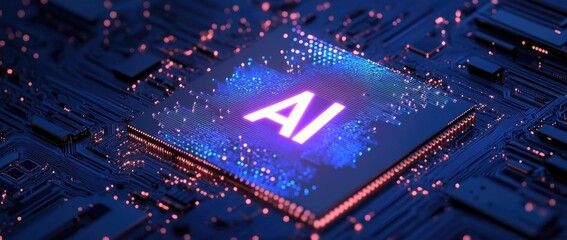 Fototapeta premium Glowing AI Microchip on Circuit Board