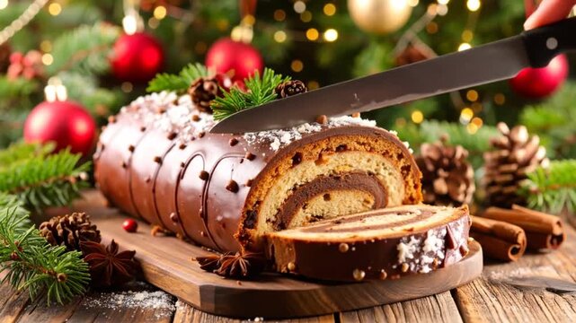 A chocolate log cake, decorated with pine cones, fir and snowflakes, sits on a wooden board, with slice served. Background has Christmas decor