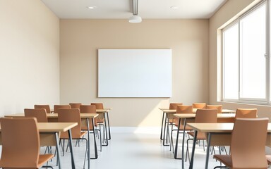 Empty classroom or presentation room interior with desks, chairs and whiteboard, 3d rendering. High quality
