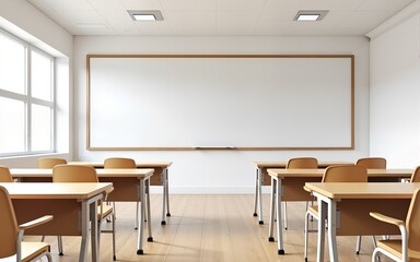 Empty classroom or presentation room interior with desks, chairs and whiteboard, 3d rendering. High quality