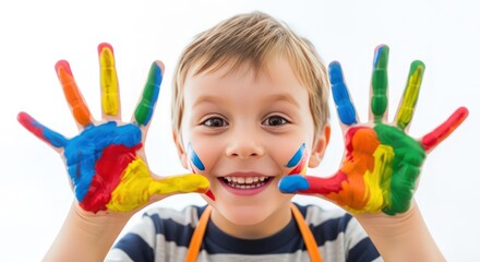 Excited Little Boy Showing Colorful Painted Hands, Art and Creativity Concept