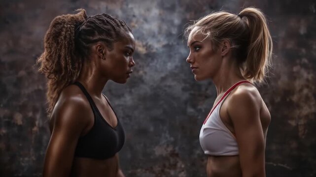 Two determined female fighters face off wearing red boxing gloves in dramatic lighting showcasing rivalry and competitive spirit between athletes. Black african woman and caucasian blonde girl.